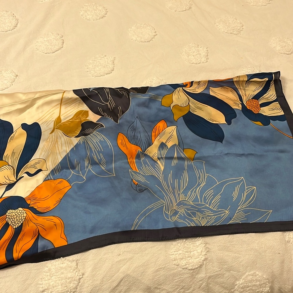 Silky polyester scarf   Vibrant blues and orange floral